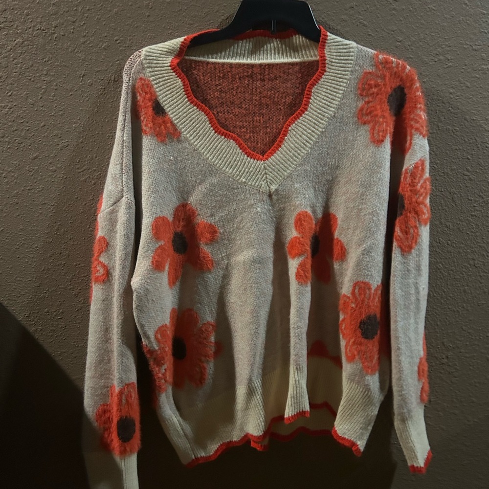 SHEIN Red Floral V-Neck Sweater